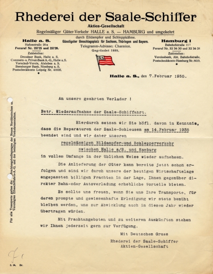 Schreiben der Reederei zum Ende der Reparaturen an den Saale Schleusen 1935
